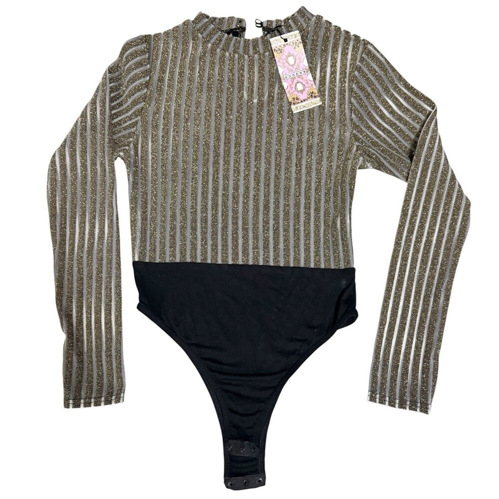 NWT Boohoo UK 8 US Small Metallic Stripe Mock Neck Long Sleeve Bodysuit